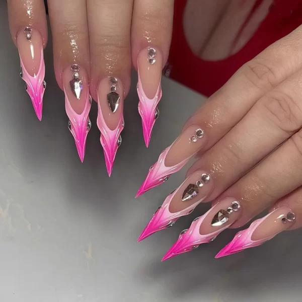 24Pcs Long Stiletto Almond Head Fake Nails with Rhinestone Design Wearable Pink French Press on False Nails Jelly Stick-ons - Image 3