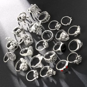 24 Pcs Gothic Skeleton Unisex Ring Set Punk Grunge Butterfly Frog Woman Man Jewelry Hip Hop Party Street Ring Accessories Gift