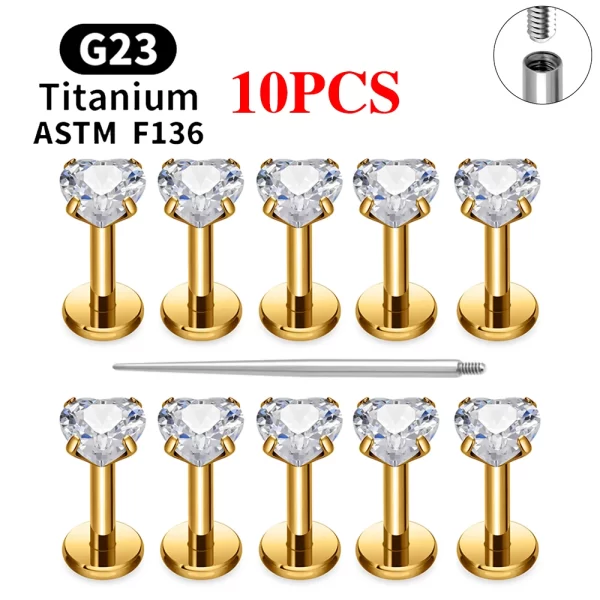2/10PCS G23 Titanium Piercing Jewelry Ear Cartilage Tragus Heart Flat Back Stud Earrings 16G CZ Internal Thread Labret Lip Ring - Image 13