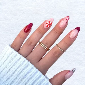 24Pcs Women Girls Medium Almond Red French Christmas Gingerbread Man Crutch Full Coverage Wearable Fake Nail Press on Nail Art