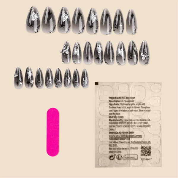 24pcs 3D Sliver Butterfly Decor False Nails Full Cover Fake Nail for Women Lady Almond Black Butterfly Press on nails Patches - Image 5