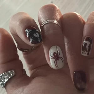 Red Spider Printed False Nails Halloween Nail Art Decor Press on Nails for Girl Gifts Short Round Cool y2k Style Fake Nail Tips