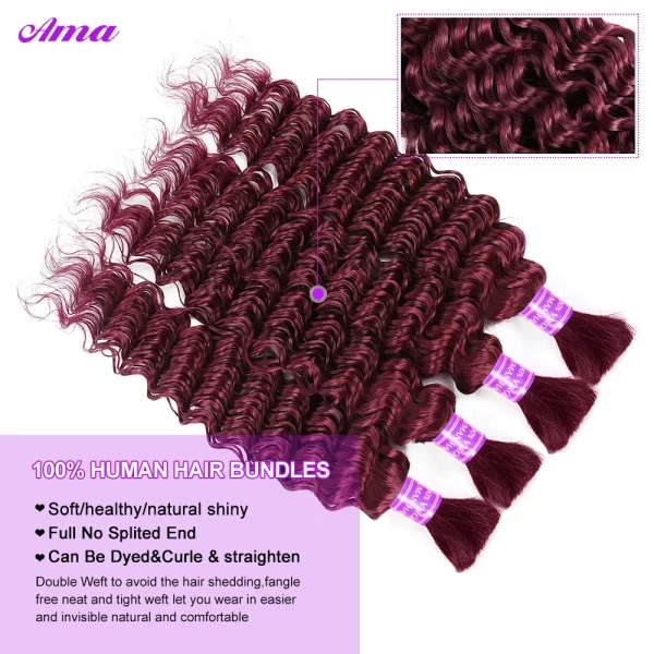 99j Burgundy Bulk Human Hair For Braiding Deep Wave Human Hair Bundles No Weft Bundles For Women Hair Extensions 100g - Image 3