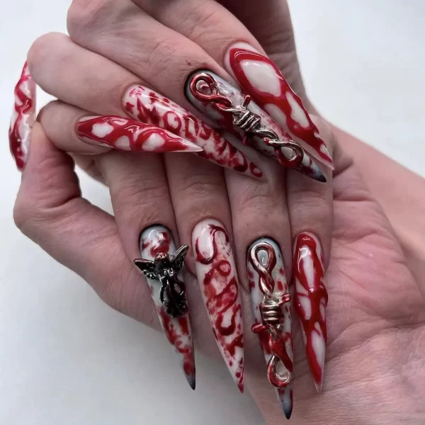 3D Purple Glitter Powder Ripple Long Pointed False Nails Halloween Detachable Finished Fake Nails Press on Nails with Glue - Image 5