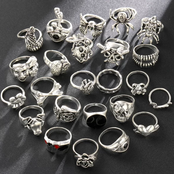 24 Pcs Gothic Skeleton Unisex Ring Set Punk Grunge Butterfly Frog Woman Man Jewelry Hip Hop Party Street Ring Accessories Gift - Image 4