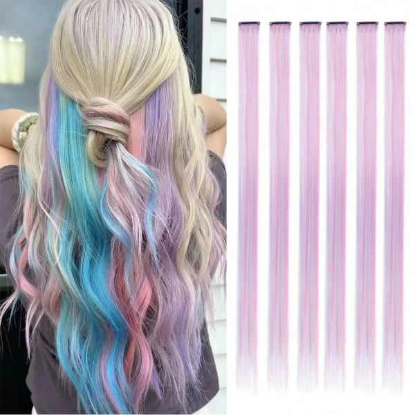 6pcs/pack Colored Party Highlights Clip in Hair Extensions for Girls 22 inches Multi-colors Straight Hair Synthetic Hairpieces - Image 28