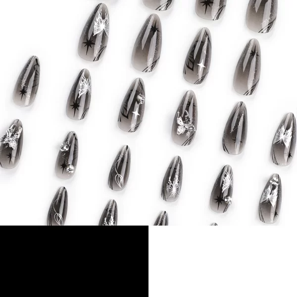 24pcs 3D Sliver Butterfly Decor False Nails Full Cover Fake Nail for Women Lady Almond Black Butterfly Press on nails Patches - Image 6