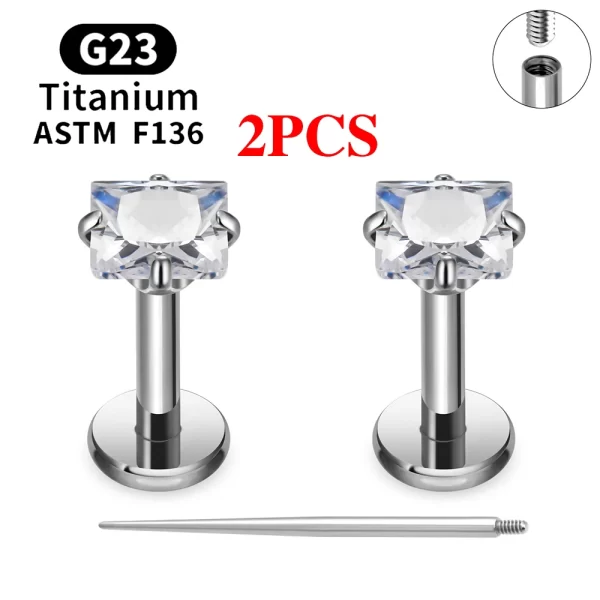 2/10PCS G23 Titanium Piercing Jewelry Ear Cartilage Tragus Heart Flat Back Stud Earrings 16G CZ Internal Thread Labret Lip Ring - Image 33