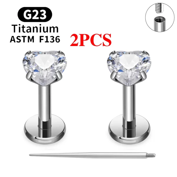 2/10PCS G23 Titanium Piercing Jewelry Ear Cartilage Tragus Heart Flat Back Stud Earrings 16G CZ Internal Thread Labret Lip Ring - Image 30