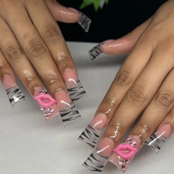 Duckbill Leopard French False Nails y2k Press On Nails Wearable Punk Fake Nails with Ball Diamond Stars Decor Removable Nail Art - Image 7