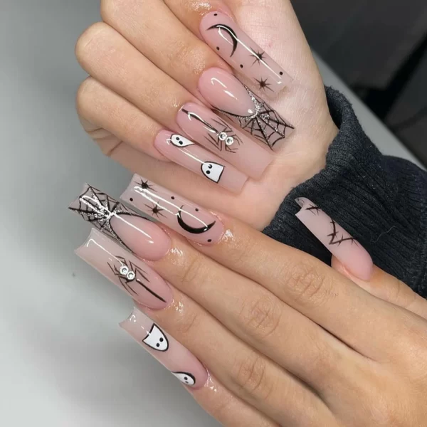 24pcs Halloween Spider Fake Nail Patch Printed French Coffin Ballet Fake Nail Wearable Full Cover Artificial Nail Tips for Girls - Image 26