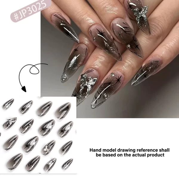 24pcs 3D Sliver Butterfly Decor False Nails Full Cover Fake Nail for Women Lady Almond Black Butterfly Press on nails Patches - Image 2