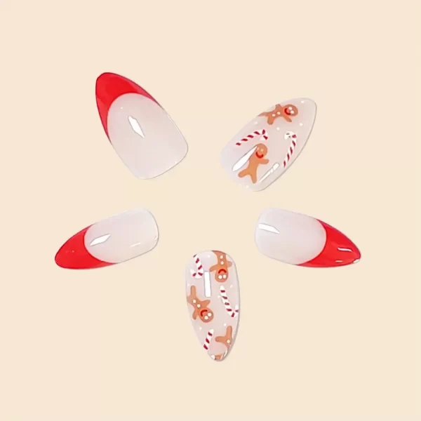 24Pcs Women Girls Medium Almond Red French Christmas Gingerbread Man Crutch Full Coverage Wearable Fake Nail Press on Nail Art - Image 4