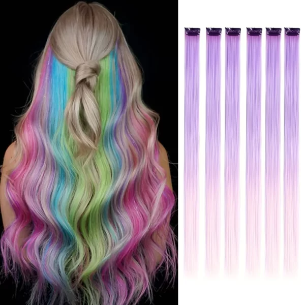 6pcs/pack Colored Party Highlights Clip in Hair Extensions for Girls 22 inches Multi-colors Straight Hair Synthetic Hairpieces - Image 34