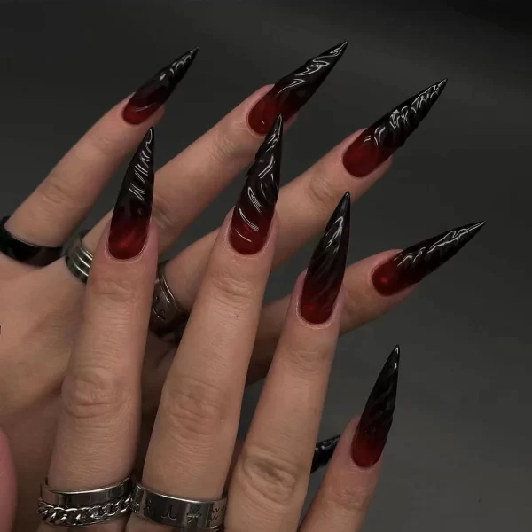24Pcs Black Y2k Fake Nails with Diamond Halloween Long Almond False Nail Butterfly Design Wearable Oval Press on Nails Tips - Image 9