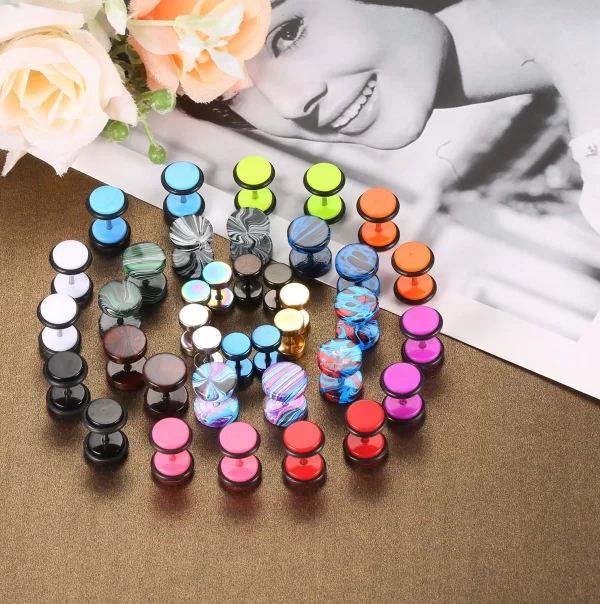 19 Pairs Stainless Steel Men Earrings Studs Ear Piercing Plugs Tunnel Screw Fake Gauges Earrings Flat Back Stud Earring Set - Image 3