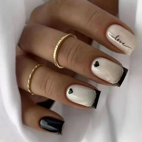 24pcs Long Square False Nails French Black Love Heart Rainbow Rose Red Butterfly Fake Nails Full Cover Press on Nails Nail Tips - Image 9