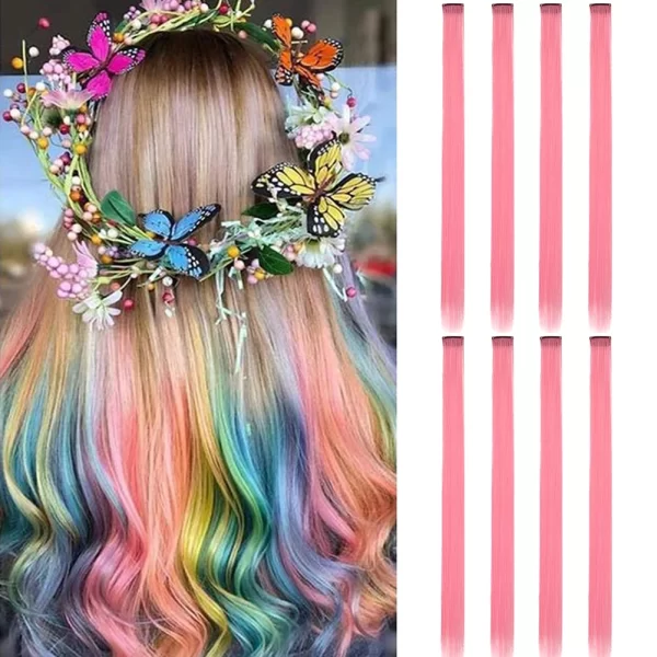 Colored Hair Extensions 8 Pcs/Pack Rainbow Hairpieces 22 inch Multi-colors Party Highlights Clip in Synthetic Hair Extensions - Image 2