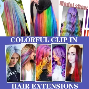 Colored Hair Extensions 8 Pcs/Pack Rainbow Hairpieces 22 inch Multi-colors Party Highlights Clip in Synthetic Hair Extensions