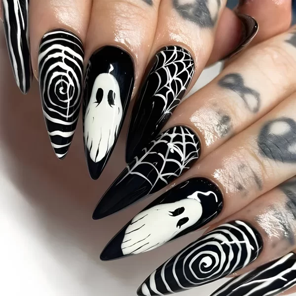 24pcs Halloween Spider Fake Nail Patch Printed French Coffin Ballet Fake Nail Wearable Full Cover Artificial Nail Tips for Girls - Image 23