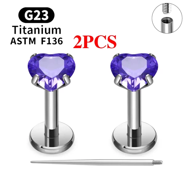 2/10PCS G23 Titanium Piercing Jewelry Ear Cartilage Tragus Heart Flat Back Stud Earrings 16G CZ Internal Thread Labret Lip Ring - Image 19