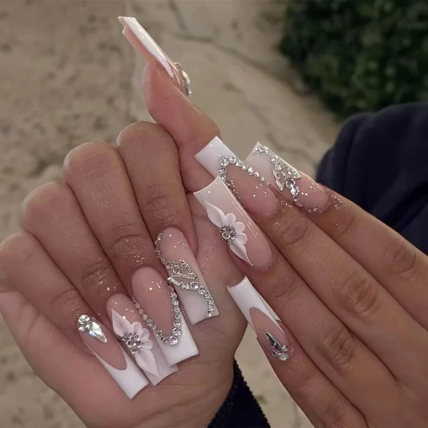 24 Long Coffins with French Patterns, Flowers, Butterfly Dots, Diamond Shiny Fake Nails, 1 Nail File, and 1 Piece of Jelly Glue - Image 2