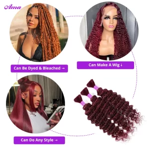 99j Burgundy Bulk Human Hair For Braiding Deep Wave Human Hair Bundles No Weft Bundles For Women Hair Extensions 100g