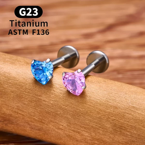 2/10PCS G23 Titanium Piercing Jewelry Ear Cartilage Tragus Heart Flat Back Stud Earrings 16G CZ Internal Thread Labret Lip Ring - Image 4