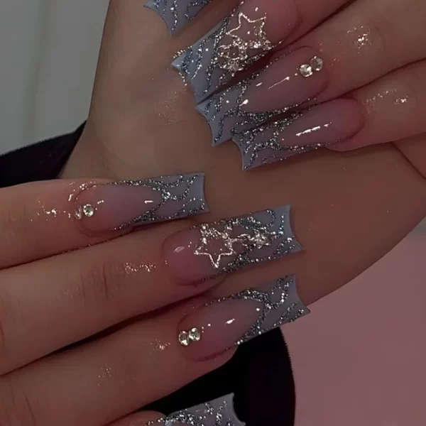 24Pcs Blue French False Nails with Star Rhinestone Design Long Ballet Fake Nails Wearable Square Head Full Cover Press on Nails - Image 2
