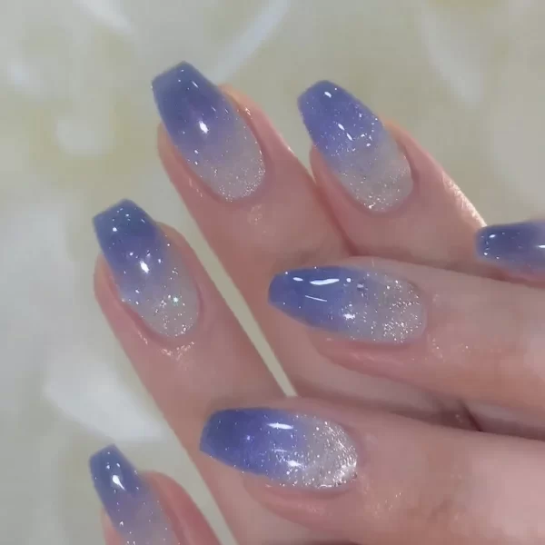 Glitter Blue Gradient Cat Eye Wearable Fake Nails Solid Color Fashion Detachable Finished False Nails Press on Nails with Glue - Image 2