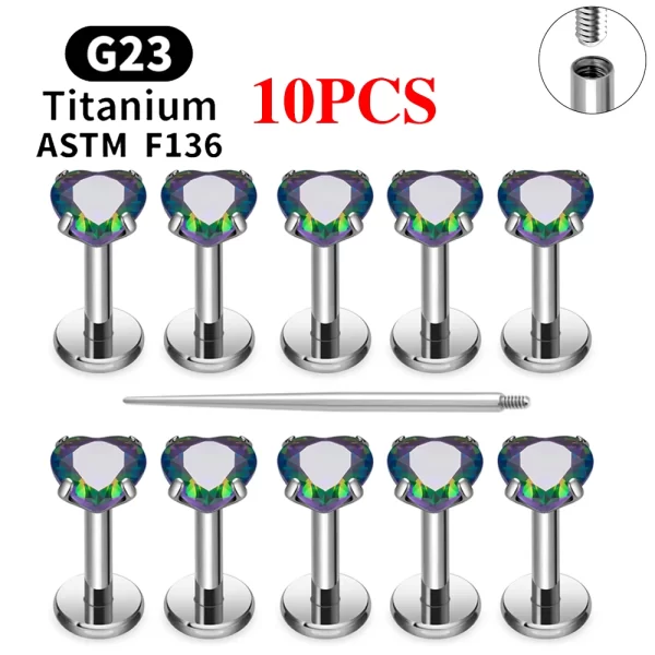 2/10PCS G23 Titanium Piercing Jewelry Ear Cartilage Tragus Heart Flat Back Stud Earrings 16G CZ Internal Thread Labret Lip Ring - Image 14