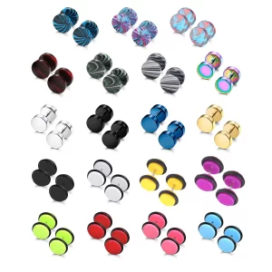19 Pairs Stainless Steel Men Earrings Studs Ear Piercing Plugs Tunnel Screw Fake Gauges Earrings Flat Back Stud Earring Set