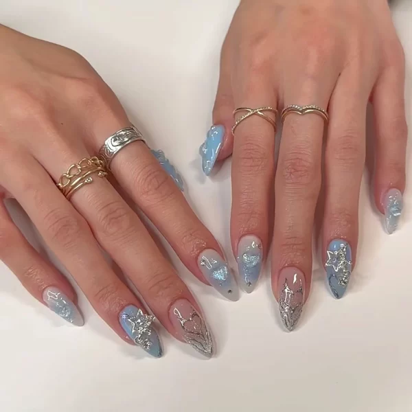 24PCS 3D Water Ripple False y2k Nails Press On Long Almond Silver Stripes Nail Art Fake Nails Charms Designs Finished Nail Tips - Image 11