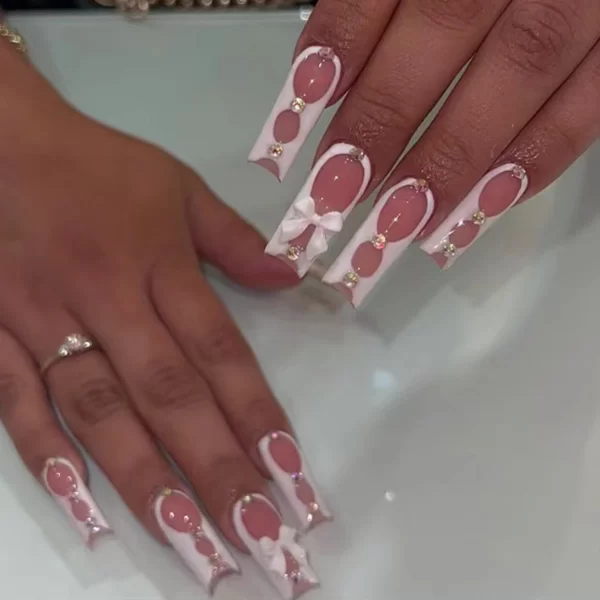 24Pcs/Set Super Long Square French Ballet Geometry AB Diamond Bow Decoration Full Coverage Wearable Fake Nail Press on Nail Art - Image 2