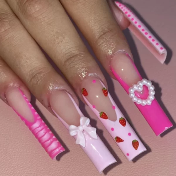 24Pcs/Set Super Long Square French Ballet Geometry AB Diamond Bow Decoration Full Coverage Wearable Fake Nail Press on Nail Art - Image 17
