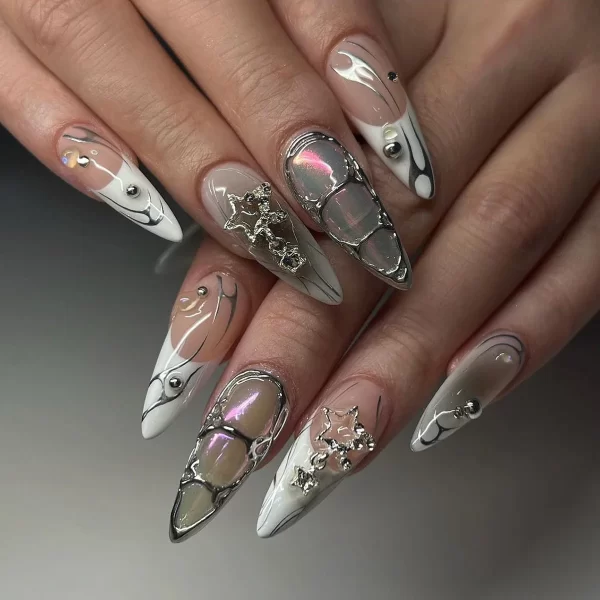 24Pcs Black Y2k Fake Nails with Diamond Halloween Long Almond False Nail Butterfly Design Wearable Oval Press on Nails Tips - Image 3