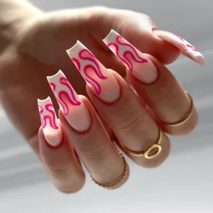Elevate Your Style With 24pcs Long Coffin White Flame Full Cover Fake Nail Set - Medium Ballerina  Rose Flame Press On Nails Des