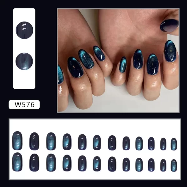 Glitter Blue Gradient Cat Eye Wearable Fake Nails Solid Color Fashion Detachable Finished False Nails Press on Nails with Glue - Image 8