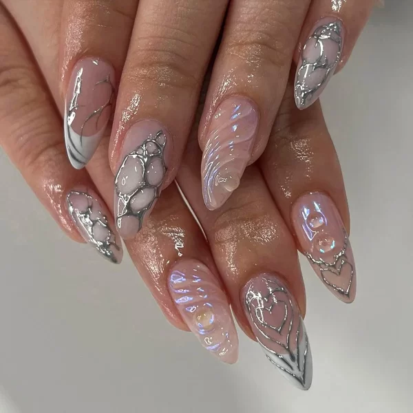 24PCS 3D Water Ripple False y2k Nails Press On Long Almond Silver Stripes Nail Art Fake Nails Charms Designs Finished Nail Tips - Image 2