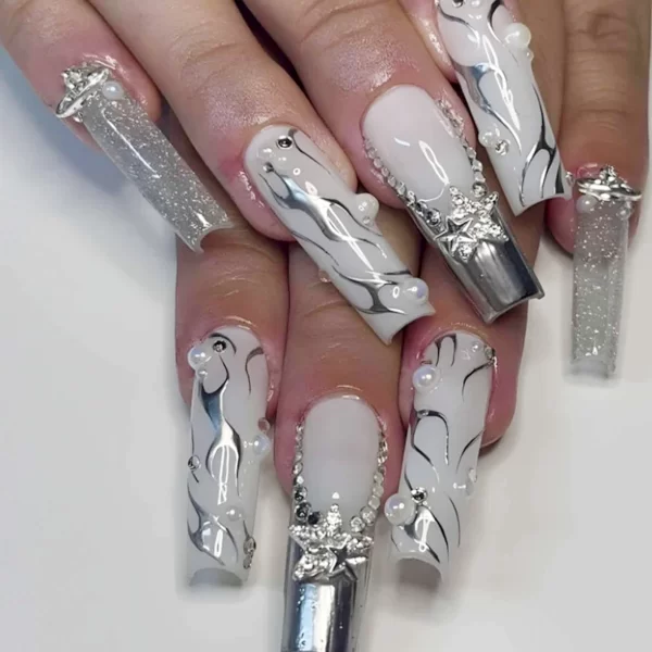 24Pcs/Set Super Long Square French Ballet Geometry AB Diamond Bow Decoration Full Coverage Wearable Fake Nail Press on Nail Art - Image 25