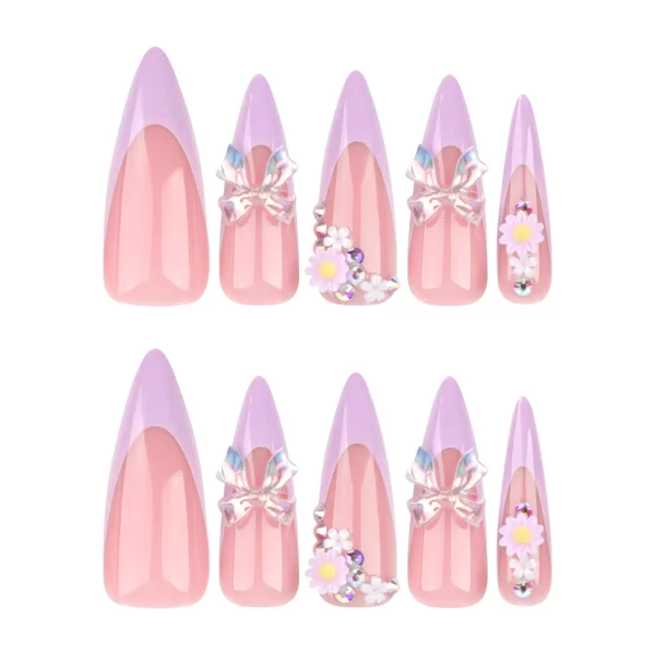 24Pcs Long Stiletto Almond Head Fake Nails with Rhinestone Design Wearable Pink French Press on False Nails Jelly Stick-ons - Image 6