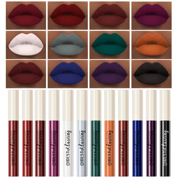QIBEST 24 Colors Lip Gloss Sexy Red Waterproof  Nude Liquid Lipstick Non-Stick Long Lasting Black White Lipgloss Tint Cosmetics