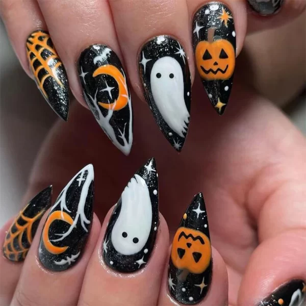 Halloween Acrylic Press On Nails Almond Shape Fake Nails Short Full Cover Glue On Nails Halloween Stick On Nails Cute Ghost Pump - Image 5