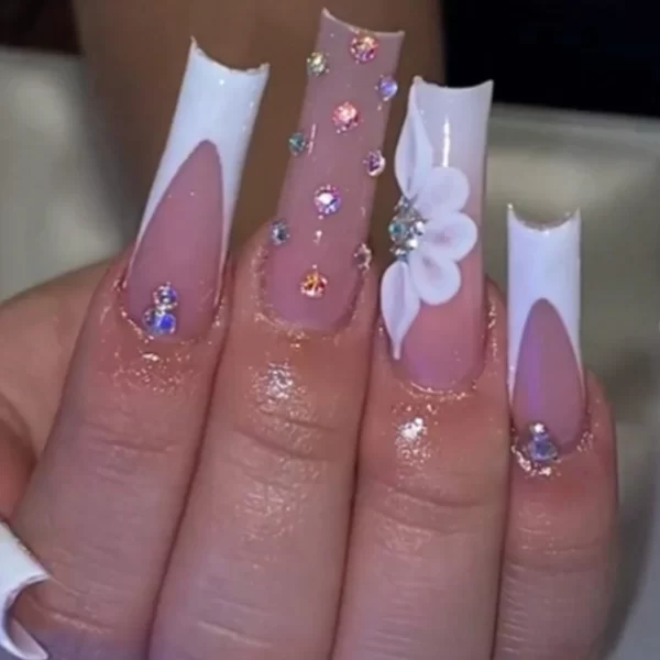 24Pcs/Set Super Long Square French Ballet Geometry AB Diamond Bow Decoration Full Coverage Wearable Fake Nail Press on Nail Art - Image 14