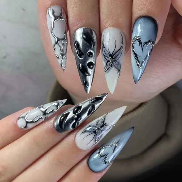 24Pcs Black Y2k Fake Nails with Diamond Halloween Long Almond False Nail Butterfly Design Wearable Oval Press on Nails Tips - Image 5