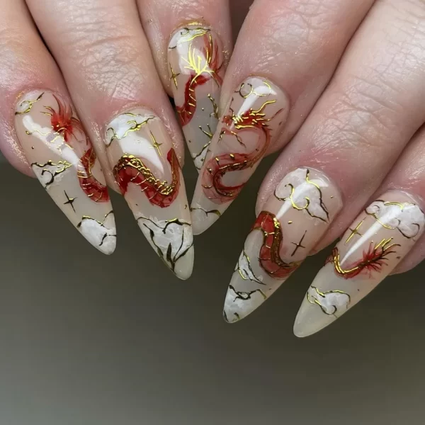 Wearable Manicure Almond Fake Nails Pointed Head The Year Of The Loong Series Press on Nails Full Cover 3D Long Fake Nails - Image 7