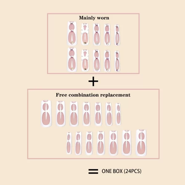 24Pcs/Set Super Long Square French Ballet Geometry AB Diamond Bow Decoration Full Coverage Wearable Fake Nail Press on Nail Art - Image 3