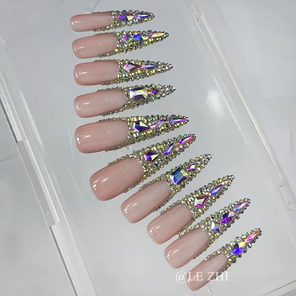Luxury AB Full Diamond Press on Nails Art French XXL Long Coffin Sparkle Rhinestone Birthday Party Gift Customizable Nails Art - Image 6