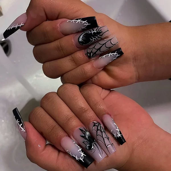 24pcs Halloween Spider Fake Nail Patch Printed French Coffin Ballet Fake Nail Wearable Full Cover Artificial Nail Tips for Girls - Image 28
