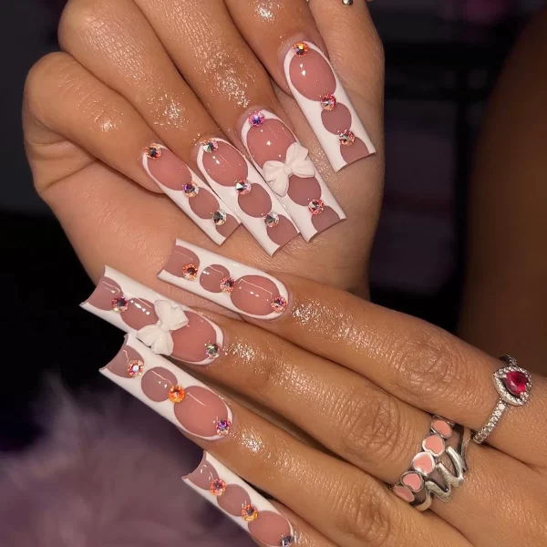 24Pcs/Set Super Long Square French Ballet Geometry AB Diamond Bow Decoration Full Coverage Wearable Fake Nail Press on Nail Art - Image 24
